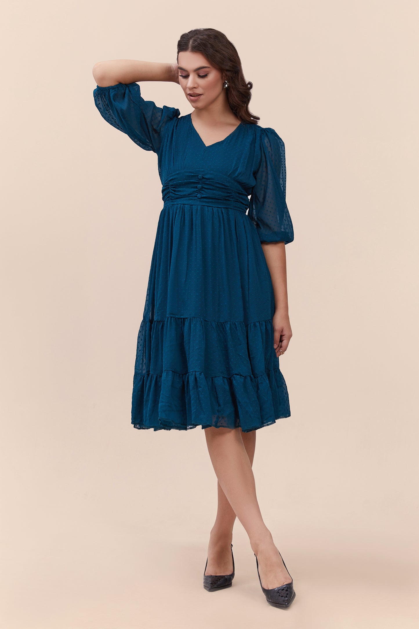 Teal Textured Flared Dress